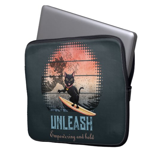 Sunset Wave Riding Cat Laptopschutzhülle (Vorderseite Links)