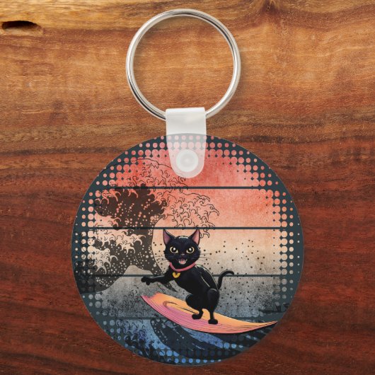 Sunset Wave Riding Cat Schlüsselanhänger (Vorderseite)