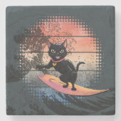 Sunset Wave Riding Cat Steinuntersetzer (Vorderseite)