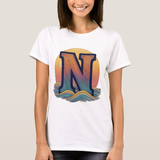 Sunset Waves Letter 'N' Retro T-Shirt (Vorderseite)