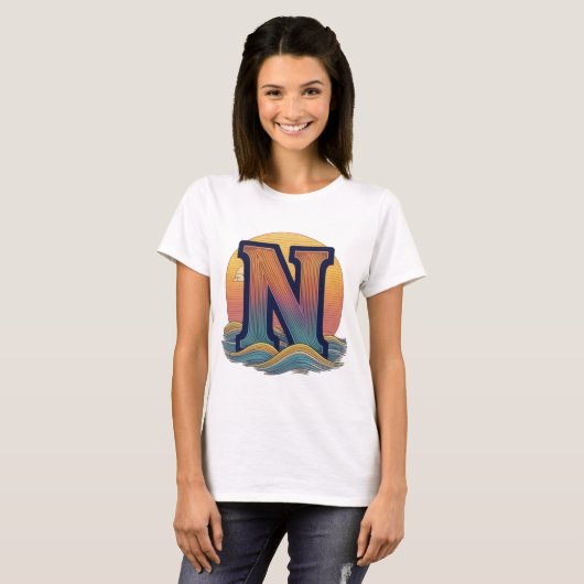 Sunset Waves Letter 'N' Retro T-Shirt (Vorne ganz)