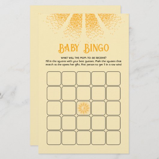 Sunshine Baby Dusche Bingo Spiel (Vorne/Hinten)