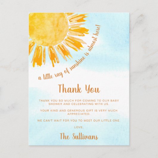 Sunshine Baby Dusche Vielen Dank Postkarte (Vorderseite)
