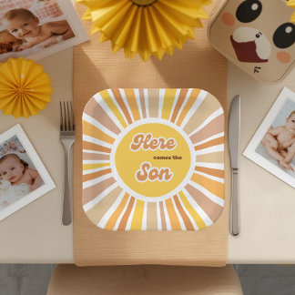 Sunshine Baby Shower Boho Retro Yellow Sunshine Pappteller