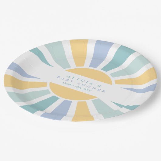 Sunshine Baby Shower Here Come The Son Yellow Rays Pappteller (Schrägansicht)