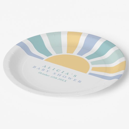 Sunshine Baby Shower Here Come The Son Yellow Rays Pappteller (Schrägansicht)