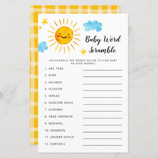 Sunshine Baby Shower Word Scramble Game (Vorne/Hinten)