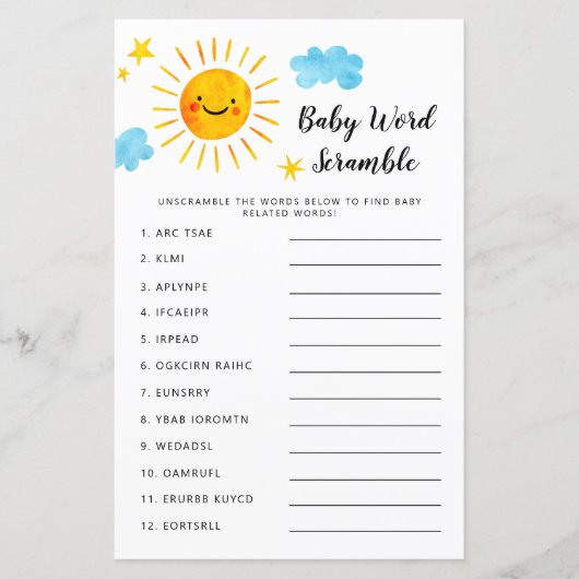 Sunshine Baby Shower Word Scramble Game (Vorderseite)