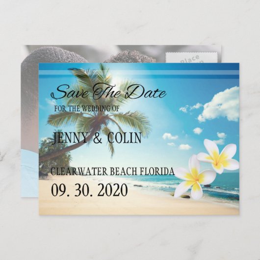 Sunshine Beach Palm Trees Plumeria Save the Date Ankündigungspostkarte (Vorne/Hinten)