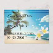 Sunshine Beach Palm Trees Plumeria Save the Date Ankündigungspostkarte (Vorderseite)