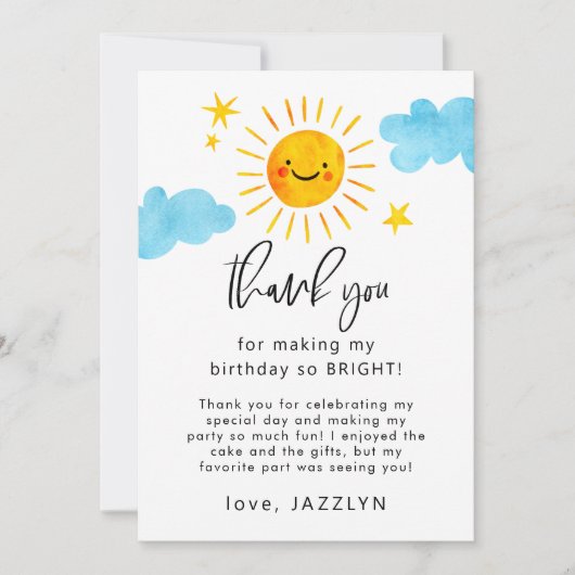 Sunshine Birthday Party Dankeskarte (Vorderseite)