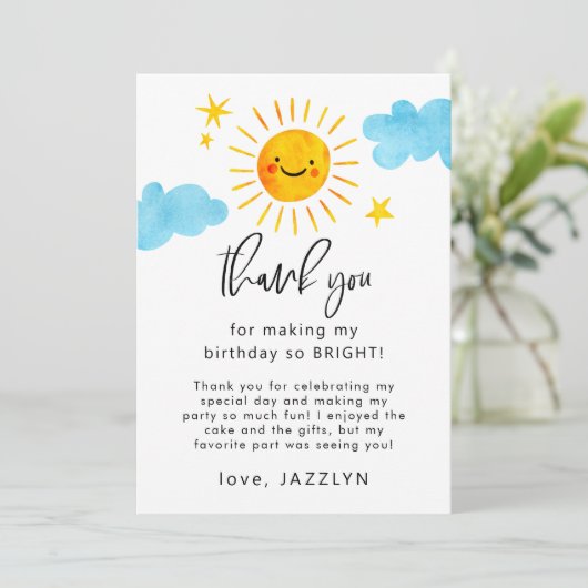 Sunshine Birthday Party Dankeskarte (Stehend Vorderseite)