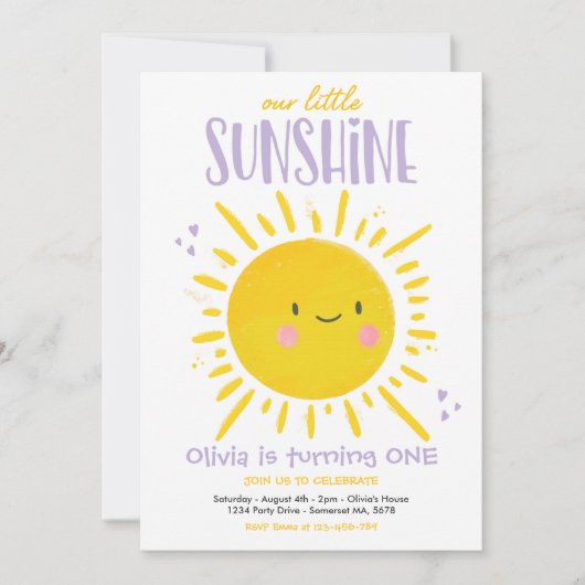 Sunshine Birthday Party Lila unser kleines Sonnens Einladung (Vorderseite)