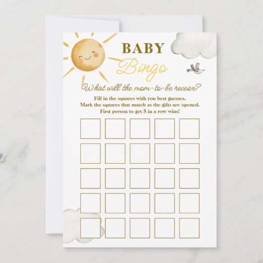 Sunshine Boho Sun Gender-Neutral Baby Bingo Card Mitteilungskarte (Vorderseite)