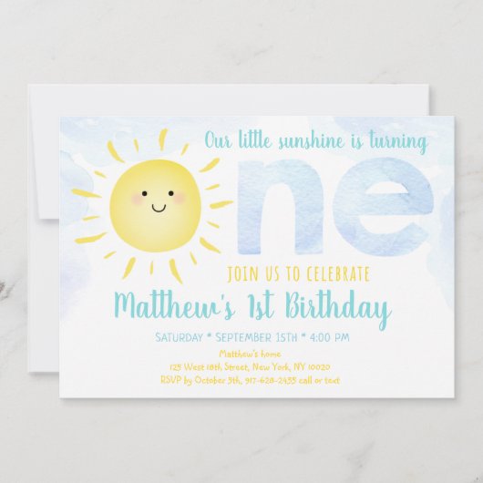 Sunshine Clouds Boy Blue First Birthday Einladung (Vorderseite)