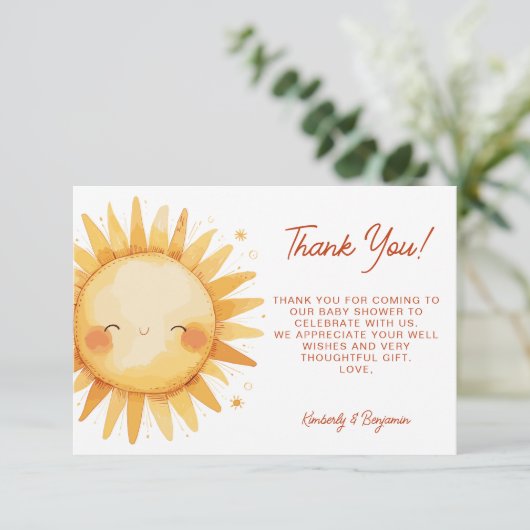 Sunshine Cute Boho Gender Neutral Sun Baby Shower Dankeskarte (Stehend Vorderseite)
