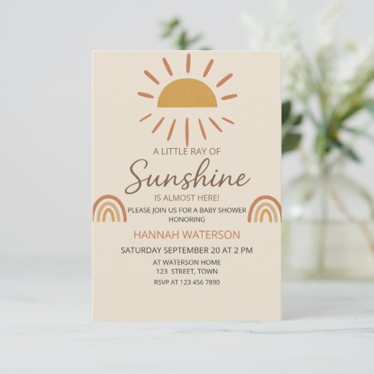 Sunshine Gender Neutral Boho Sun Baby Dusche Einladung (Stehend Vorderseite)