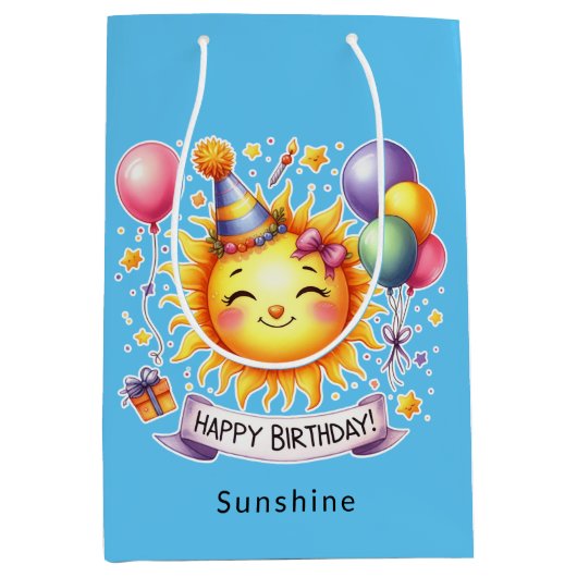 Sunshine Individuelle Name Happy Birthday Blue Mittlere Geschenktüte (Vorderseite)