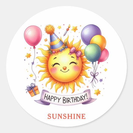 Sunshine Individuelle Name Happy Birthday Runder Aufkleber (Vorderseite)