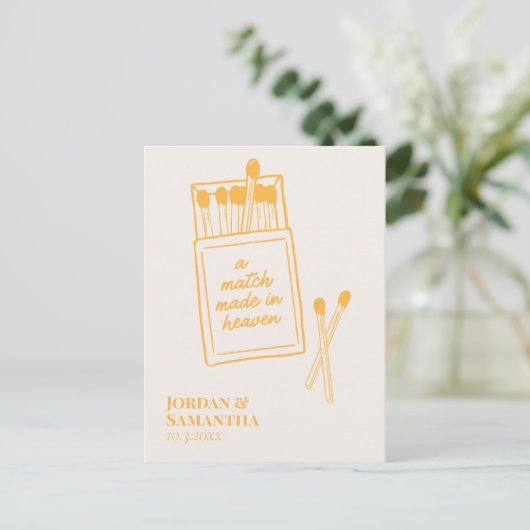 Sunshine Orange Match Made in Heaven Save the Date Postkarte (Stehend Vorderseite)
