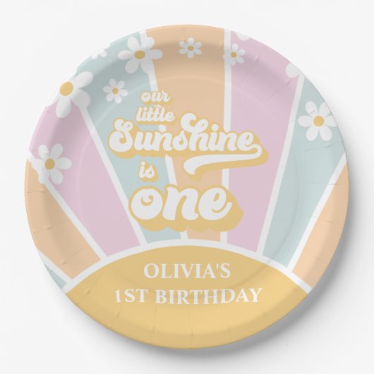 Sunshine pastel Retro daisy boho ersten Geburtstag Pappteller (Vorderseite)