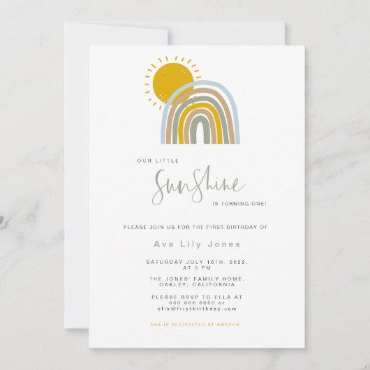 Sunshine Rainbow Erster Geburtstag Einladung (Vorderseite)