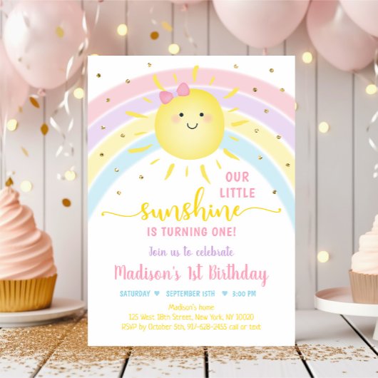 Sunshine Rainbow Pink Gold Pastel Geburtstag Einladung