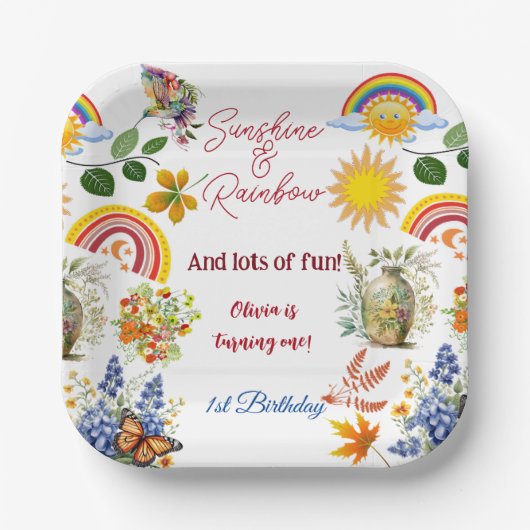 Sunshine Rainbow Spring Garden Butterfly Geburtsta Pappteller (Vorderseite)