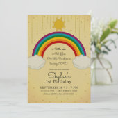 Sunshine Rainbow Yellow Gold 1. Geburtstag Party Einladung (Stehend Vorderseite)