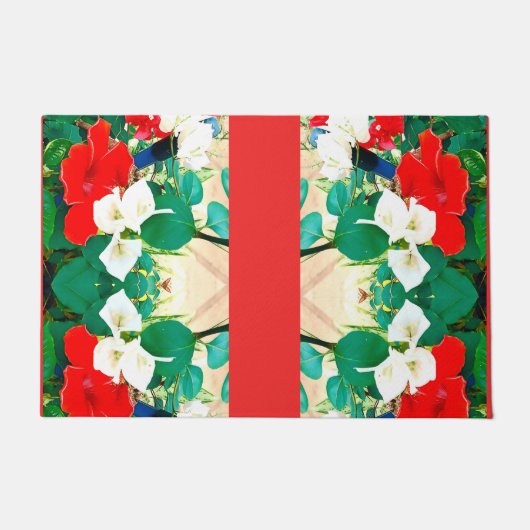 Sunshine Red Hibiskus Green Blätter Herbstfarben S Fußmatte (Vorderseite)