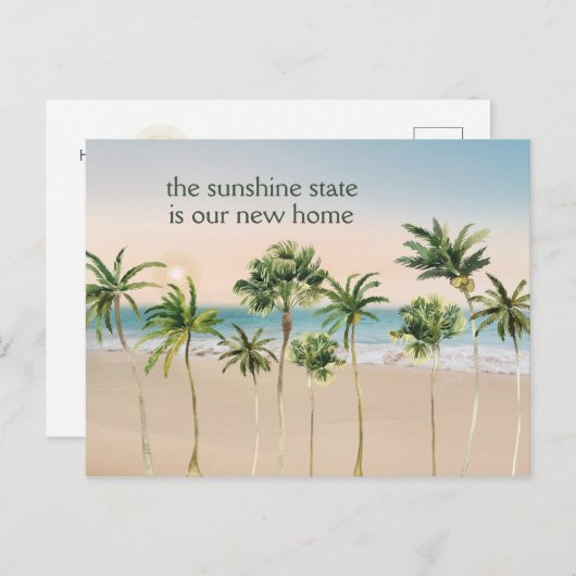 Sunshine Staat ist unser neuer Zuhause Palm Trees Ankündigungspostkarte (Vorne/Hinten)