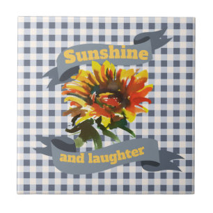 Sunshine Sunflower Blue Gingham Fliese