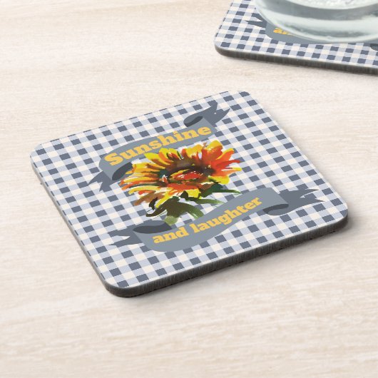 Sunshine Sunflower Blue Gingham Getränkeuntersetzer (Linke Seite)