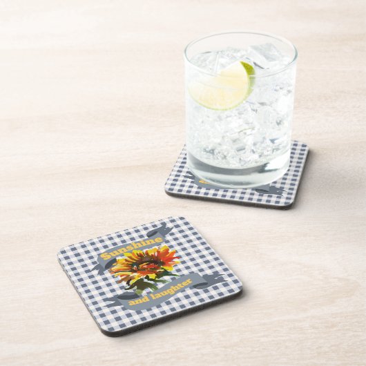 Sunshine Sunflower Blue Gingham Getränkeuntersetzer (Rechte Seite)