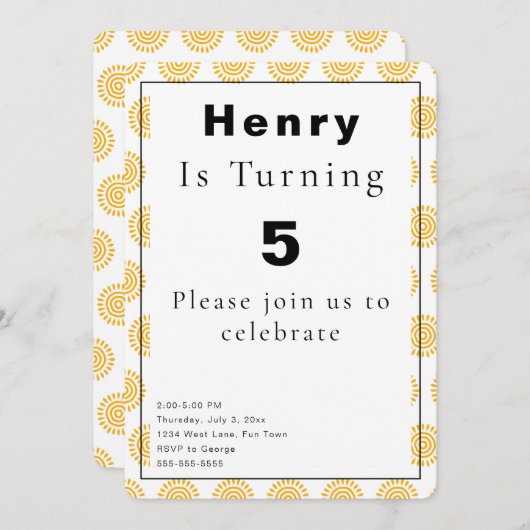 Sunshine Theme Geburtstag Einladung (Vorne/Hinten)