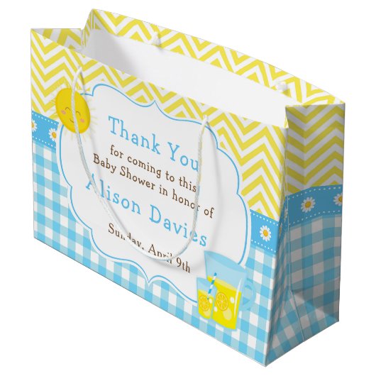 Sunshine und Lemonade Blue and Yellow Baby Dusche Große Geschenktüte (Rückseite Schrägansicht)