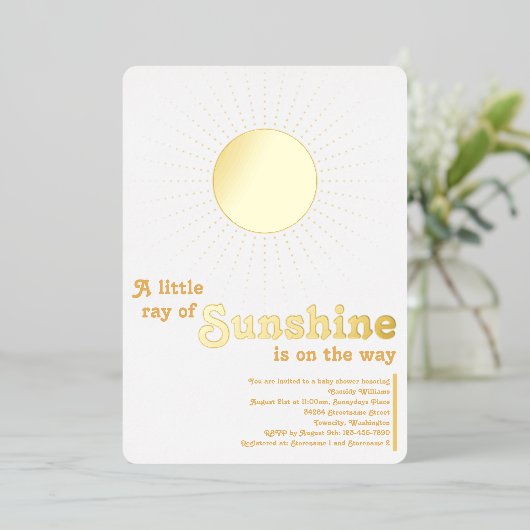 Sunshine White Gold Sun Baby Dusche Folieneinladung (Stehend vorne)