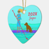 SUP Girl Dog Paddleboarding Weihnachten Keramik Ornament (Links)
