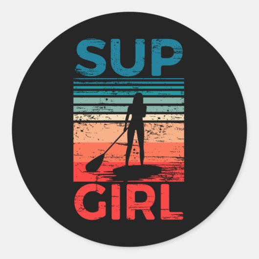 SUP Girl Stand up Paddling Surf Board Surfen Runder Aufkleber (Vorderseite)