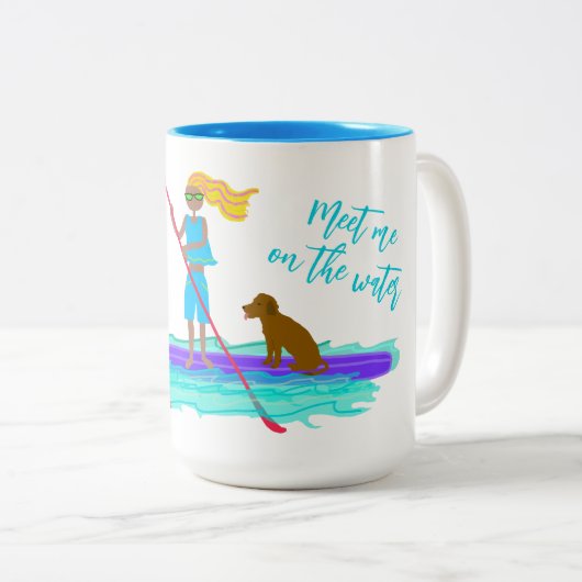 SUP Illustriertes Paddleboarding mit Hund Zweifarbige Tasse (VorderseiteRechts)