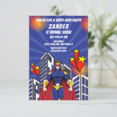Supehero Skyline Boy Geburtstagsparty Einladung (Stehend Vorderseite)