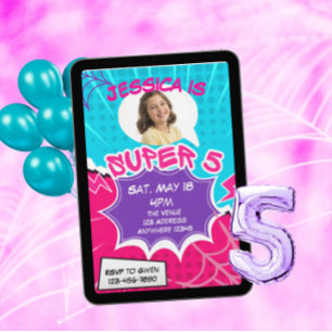 Super 5 Pink Purple Web Comic 5. Geburtstag Einladung