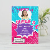 Super 5 Pink Purple Web Comic 5th Birthday  Einladung (Stehend Vorderseite)