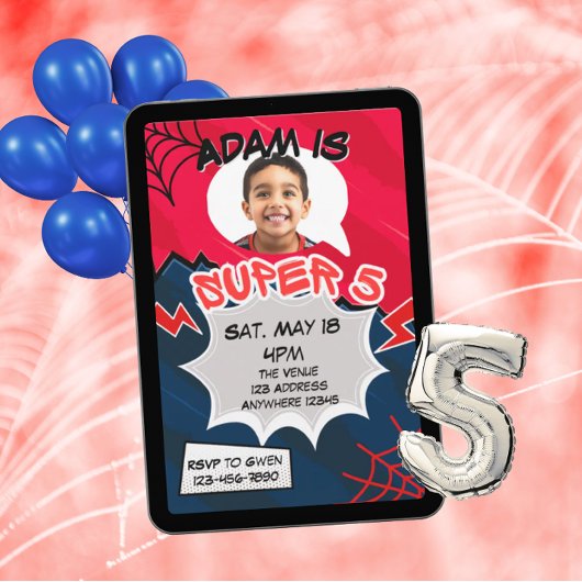 Super 5 Red Black Web Comic 5th Birthday  Einladung