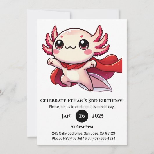 Super Axolotl Held Geburtstag Einladung (Vorderseite)