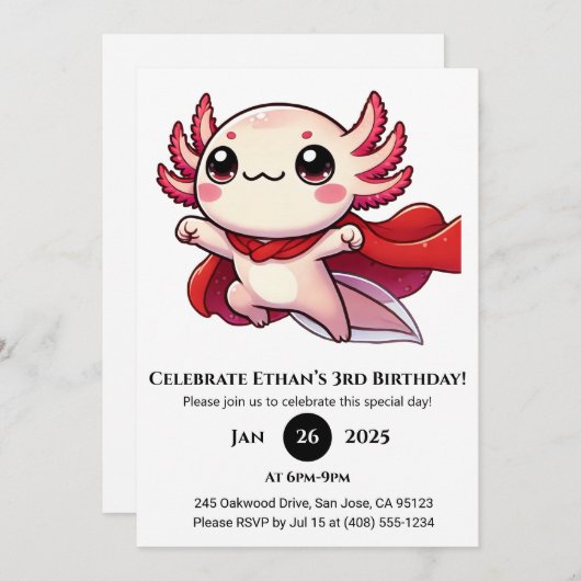 Super Axolotl Hero Birthday Einladung (Vorne/Hinten)