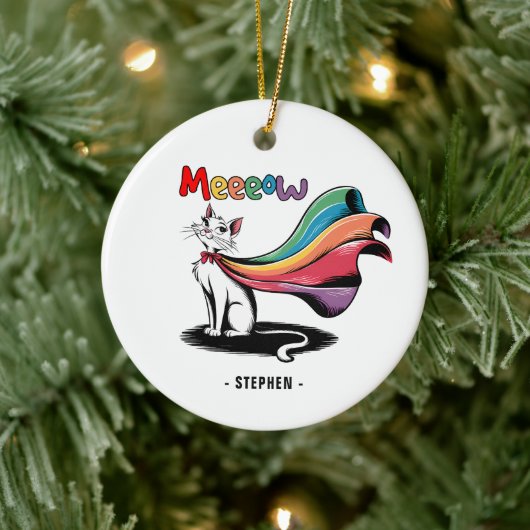 Super Cat Meeeow - Rainbow Cape Pride Cat Keramik Ornament (Baum)