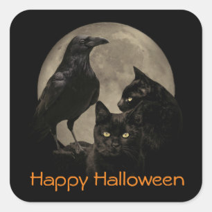 Super Cool Gothic Raven and Cats Halloween Quadratischer Aufkleber