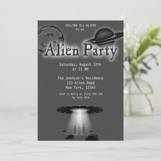 Super Cool Gray Alien & UFO Party Einladung (Stehend Vorderseite)