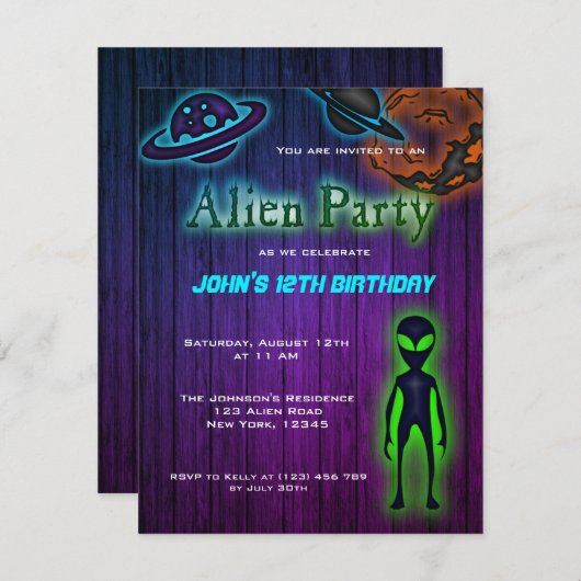 Super Coole Alien Geburtstagsparty Einladung (Vorne/Hinten)